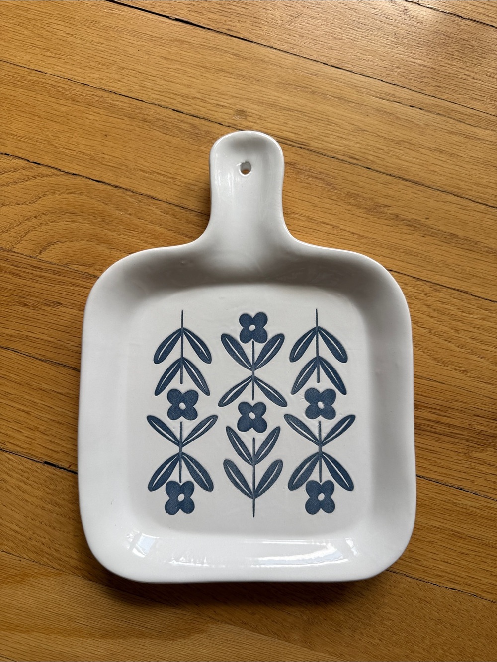 White Ceramic Spoon Rest with Blue Floral Motif
